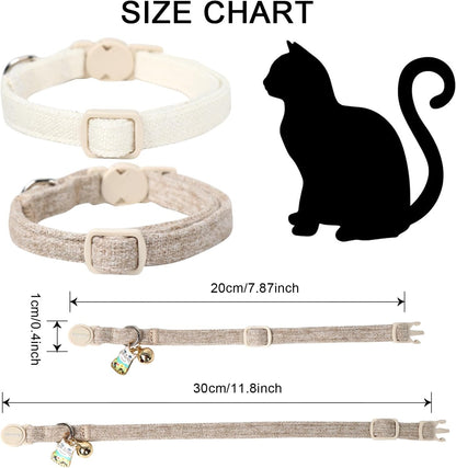 Cat Collar,2 Pack White Hemp Cat Collars Breakaway with Bell, DOGWONG Safety Buckle Wedding Cat Collar for Girl Boy Cats and Small Dogs，Adjustable 7-12 Inch,Pet Supplies Accessories