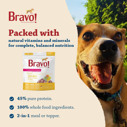Bravo! Homestyle Complete Freeze Dried Raw Dog Food or Topper, Chicken, 2 Pounds, Add Water to Rehydrate for up to 9 Pounds of Food, Grain Free, Gluten Free