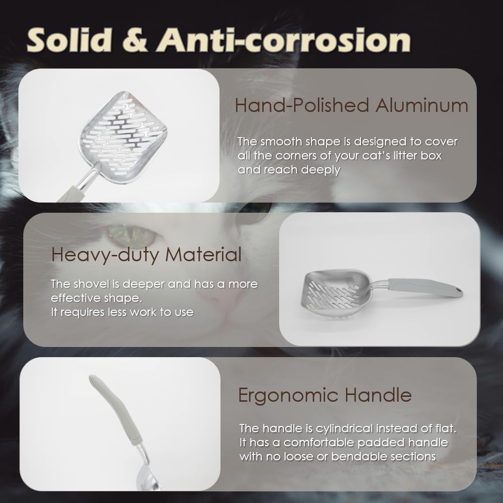 Metal Cat Litter Scoop with Holder, Aluminum Cats Litter Scooper Captures All Clumps, Heavy Duty Metal Kitty Scoopers with Holder, Cat Metal Scoop and Holder (Black)