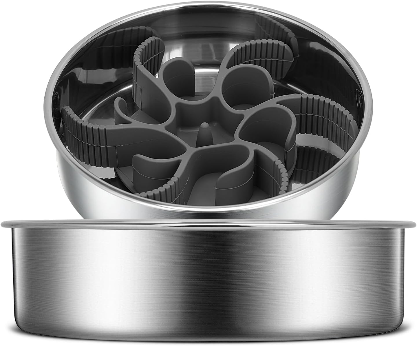 2-in-1 Slow Feeder Dog Bowls, Stainless Steel Pet Bowls with Silicone Feeder Insert, Removable Non-Slip Rubber Base for Dogs to Slow Down Eating (Medium Breed)