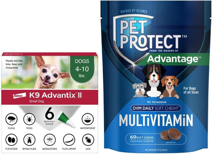 Bundle of K9 Advantix II Small Dog| Dogs 4-10 lbs. | 6-Mo Supply + Pet Protect Daily Multivitamin for Dogs | 60 Chews