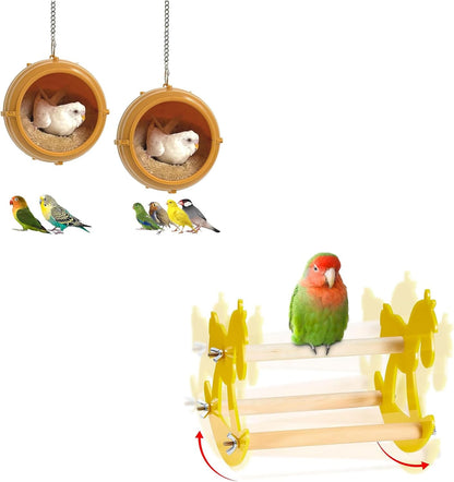 2pcs Bird Nest for Cage Swing, Chewproof Small Bird Bed Hanging House Hut & Rocking Bird Perch Toy, Wooden Parrot Toys Training, Intelligence Bird Enrichment Toys for Cockatiels