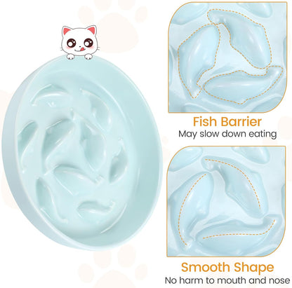 PETTOM Slow Feeder Cat Bowl with Stand, Ceramic Slow Eating Cat Bowl with Higher Edges Fish Pool Design Elevated Food Bowls for Dry and Wet Food Anti-Vomiting Puzzle Feeder for Healthy Eating Diet