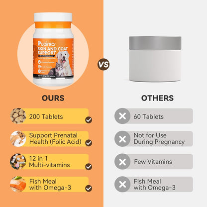 Dog Vitamins for Itchy Skin, Omega 3 Fish Oil for Healthy Skin, Less Shedding, Fluffy Hair, 12-in-1 Multivitamin for Dogs & Cats, Folic Acid Pregnant Dog Skin Care-200 Tablets