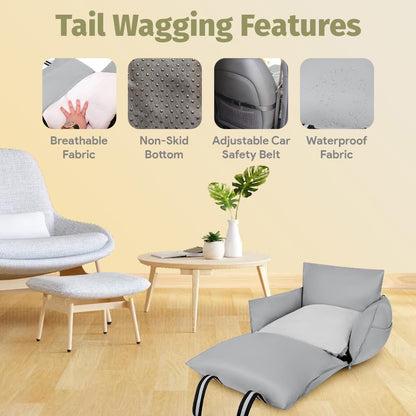 Dog Car Seat (Waterproof Booster) | Essential Travel Bed with Handles, Matching Pockets (Up to 30 Lbs) - Light Gray