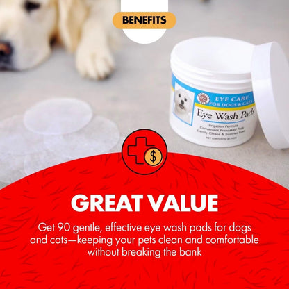 Miracle Care Eye Wash Pads, 90 Single Use Pre-Soaked Pads to Gently Clean and Soothe Dog and Cat Eyes; Non Stinging Formula to Remove Eye Debris