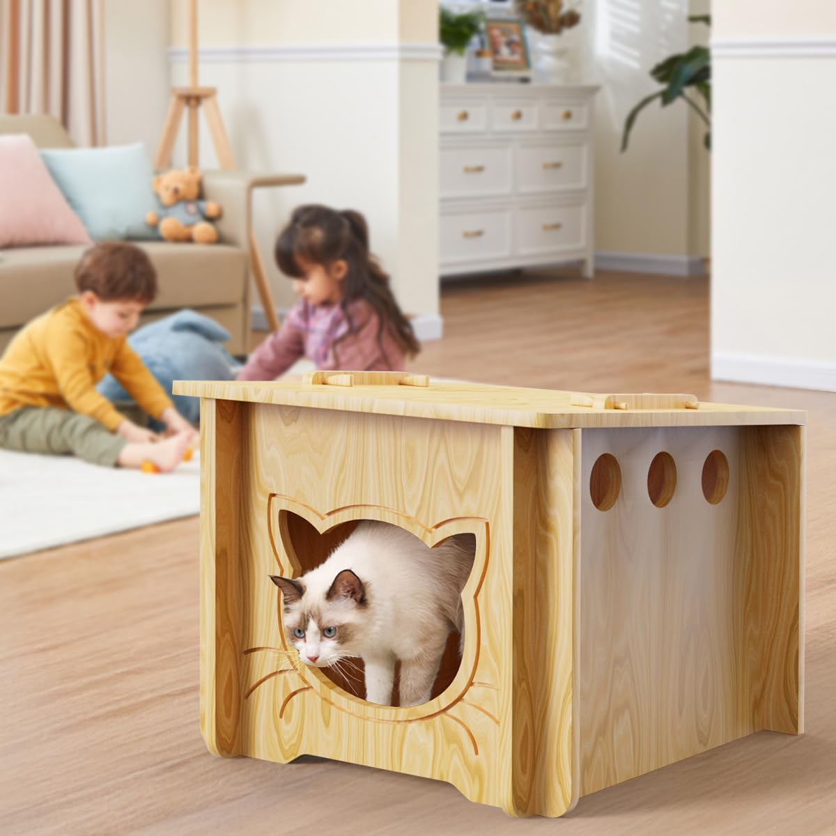 Pinewood Cat House, Wooden Bunny Rabbit Cat Hutch Outdoor Pet Cage Shelter Feral Cat House, Small Pet House and Habitats，Easy to Assemble