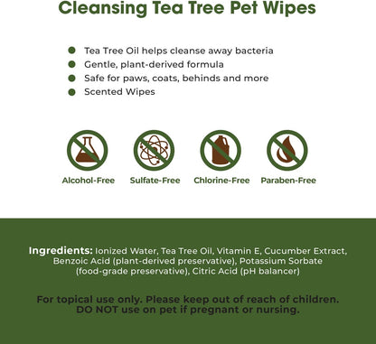 Best Pet Supplies Pet Grooming Wipes for Dogs & Cats,Deodorizer for Coats & Dry, Itchy, or Sensitive Skin, Clean Ears, Paws, Body, & Butt - Cleansing Tea Tree