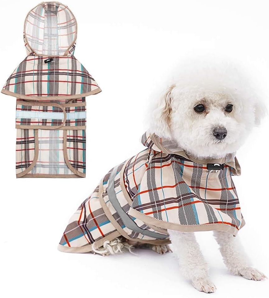 KOOLTAIL Dog Raincoat Hooded Slicker Poncho with Leash Hole, Raincoat for Small Medium Dogs, Waterproof Doggie Rain Jacket with Reflective Strip, Adjustable Breathable Plaid Puppy Rainwear-Beige M