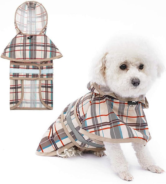 KOOLTAIL Dog Raincoat Hooded Slicker Poncho with Leash Hole, Raincoat for Small Medium Dogs, Waterproof Doggie Rain Jacket with Reflective Strip, Adjustable Breathable Plaid Puppy Rainwear-Beige M