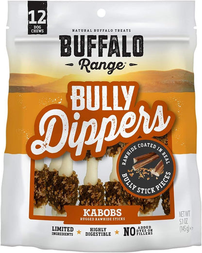 Buffalo Range Rawhide Dog Treats, Grass-Fed Buffalo Jerky Raw Hide Chews, Jerky Kabob with Bullypiece, Hickory Smoked Flavor, Pet Supplies, Real Meat Dog Treat, Premium Dog Snacks, 12 Count