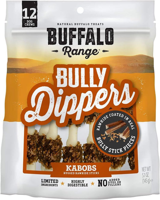 Buffalo Range Rawhide Dog Treats, Grass-Fed Buffalo Jerky Raw Hide Chews, Jerky Kabob with Bullypiece, Hickory Smoked Flavor, Pet Supplies, Real Meat Dog Treat, Premium Dog Snacks, 12 Count