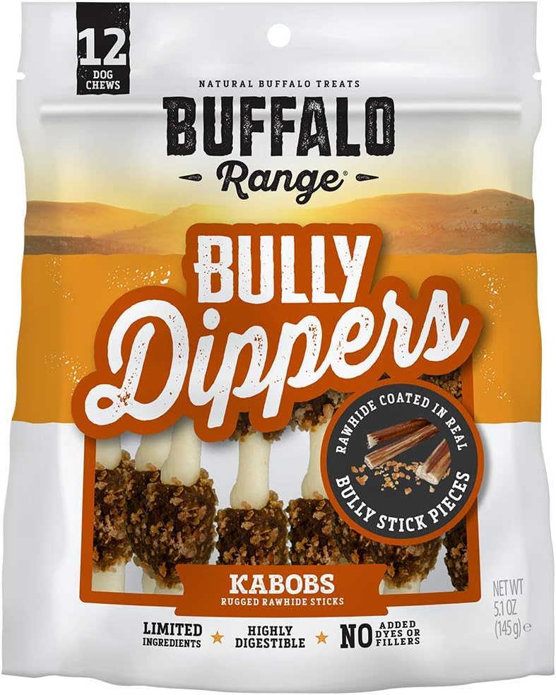 Buffalo Range Rawhide Dog Treats, Grass-Fed Buffalo Jerky Raw Hide Chews, Jerky Kabob with Bullypiece, Hickory Smoked Flavor, Pet Supplies, Real Meat Dog Treat, Premium Dog Snacks, 12 Count
