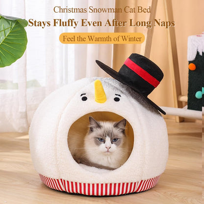 Cute Snowman-Shaped Enclosed Cat Bed Cave - Warm and Cozy Winter Cat Hideaway for Indoor Cats, Funny Christmas Themed Pet House with Washable Mat, All-Season Comfort for Kittens and Small Dogs