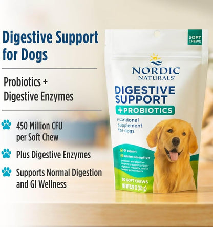 Nordic Naturals Pet Digestive Support with Probiotics, Pork Bone Broth Flavor - 30 Soft Chews - Nutritional Supplement for a Healthy Digestive System and GI Support - 30 Non-GMO Chews