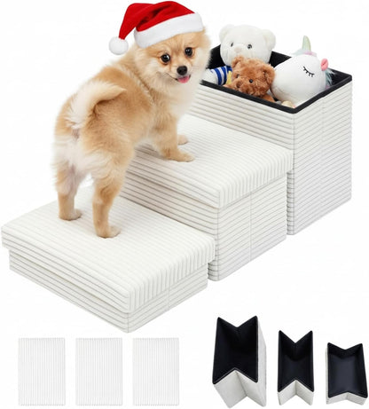Dog Stairs for Small Dogs with Storage 18" h, 3-Tier Non-Slip Pet Stairs for Dogs Cats, Foldable White Dog Steps Ramp, Corduroy Fabric Pet Ramp for High Beds Couches