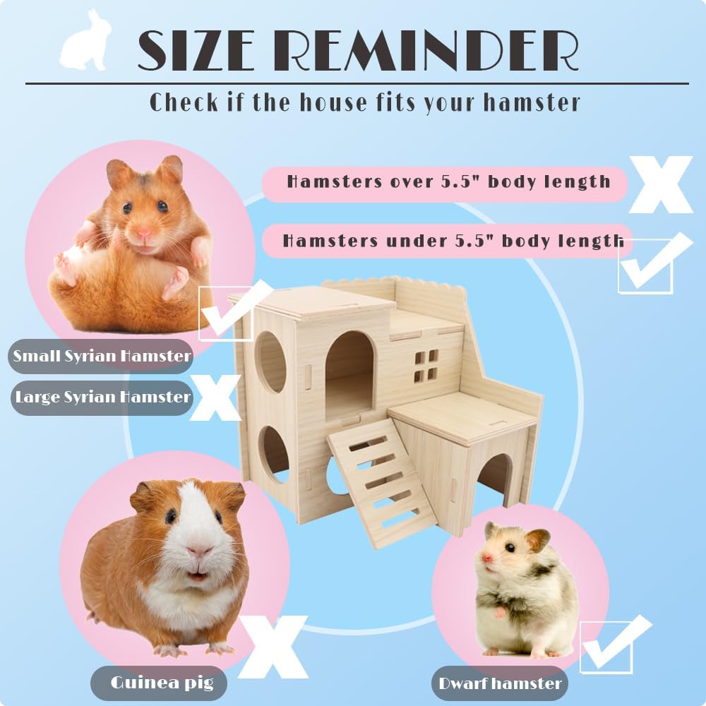 Tiny Hamster Maze Wood House Fun Slide House Double-Decker Hut for Dwarf Gerbil Mouse Mice Rat Small Animals(Only for Small Hamster)