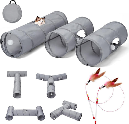 Cat Tunnel 3 Straight Shaped Pet Tunnels, Tube Cat Toys 6 DIY Shapes with Wand Toys, Scratch Resistant Collapsible Cats Tubes for Indoor Puppy, Kitten, Rabbit Silver 82in