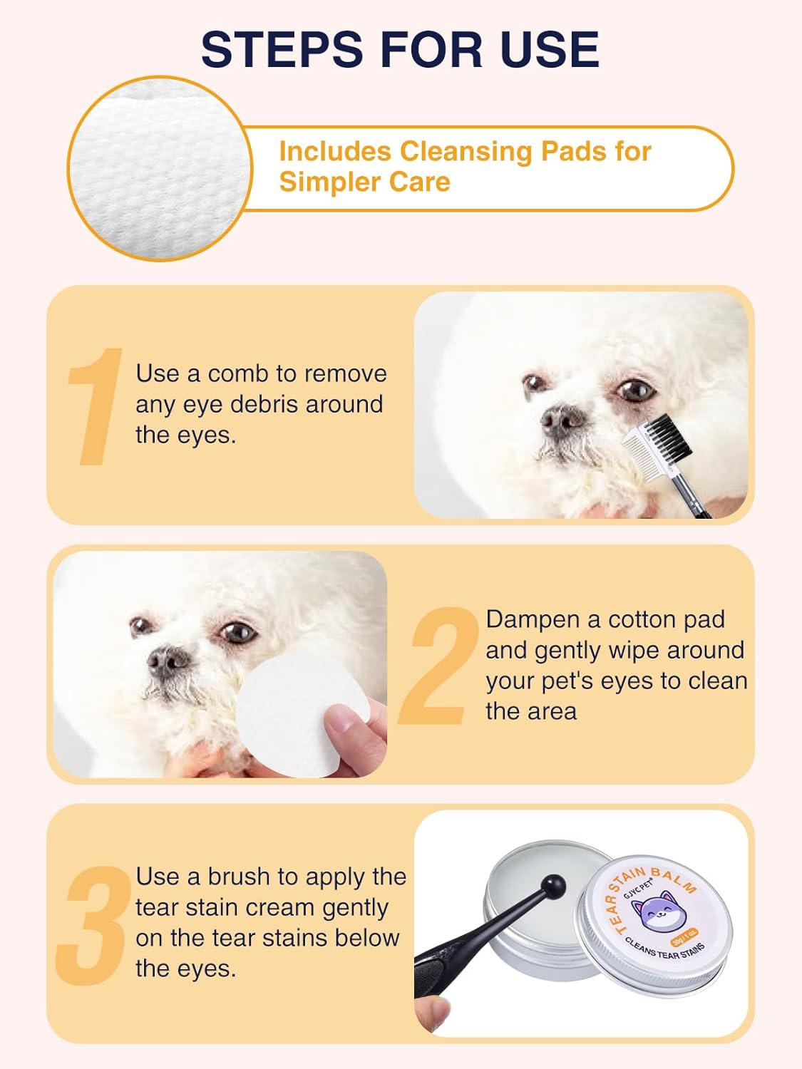 Eye Lube Plus Tear Stain Remover for Dogs and Cats – Upgraded 4 in 1 Eye Cleaning Care Set [New & Improved] with Balm, Comb, Brush & Cotton Pads – Gently Helps Clean & Reduce Stains