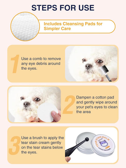 Eye Lube Plus Tear Stain Remover for Dogs and Cats – Upgraded 4 in 1 Eye Cleaning Care Set [New & Improved] with Balm, Comb, Brush & Cotton Pads – Gently Helps Clean & Reduce Stains