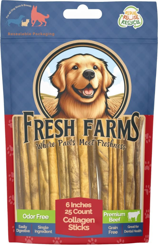 Natural Collagen Sticks for Dogs 25 Pack - 6 Inches Long-Lasting Alternative to Bully Sticks, Rawhide-Free Collagen Chews w/Chondroitin & Glucosamine for Joint Support & Dental Health