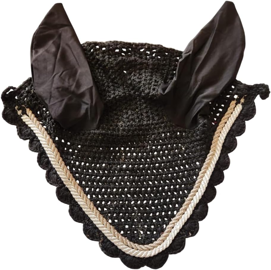 Horse Ear Bonnet Fly Veil Crochet Equestrian with Piping Black Color Full Size