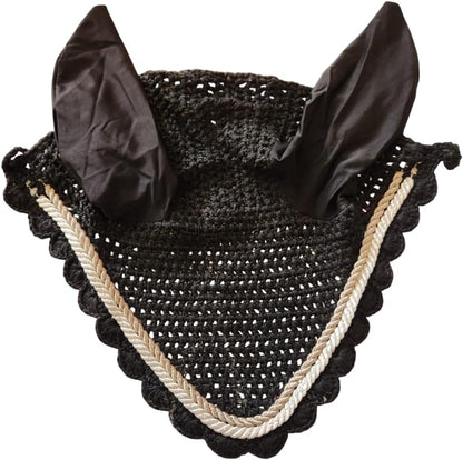Horse Ear Bonnet Fly Veil Crochet Equestrian with Piping Black Color Full Size
