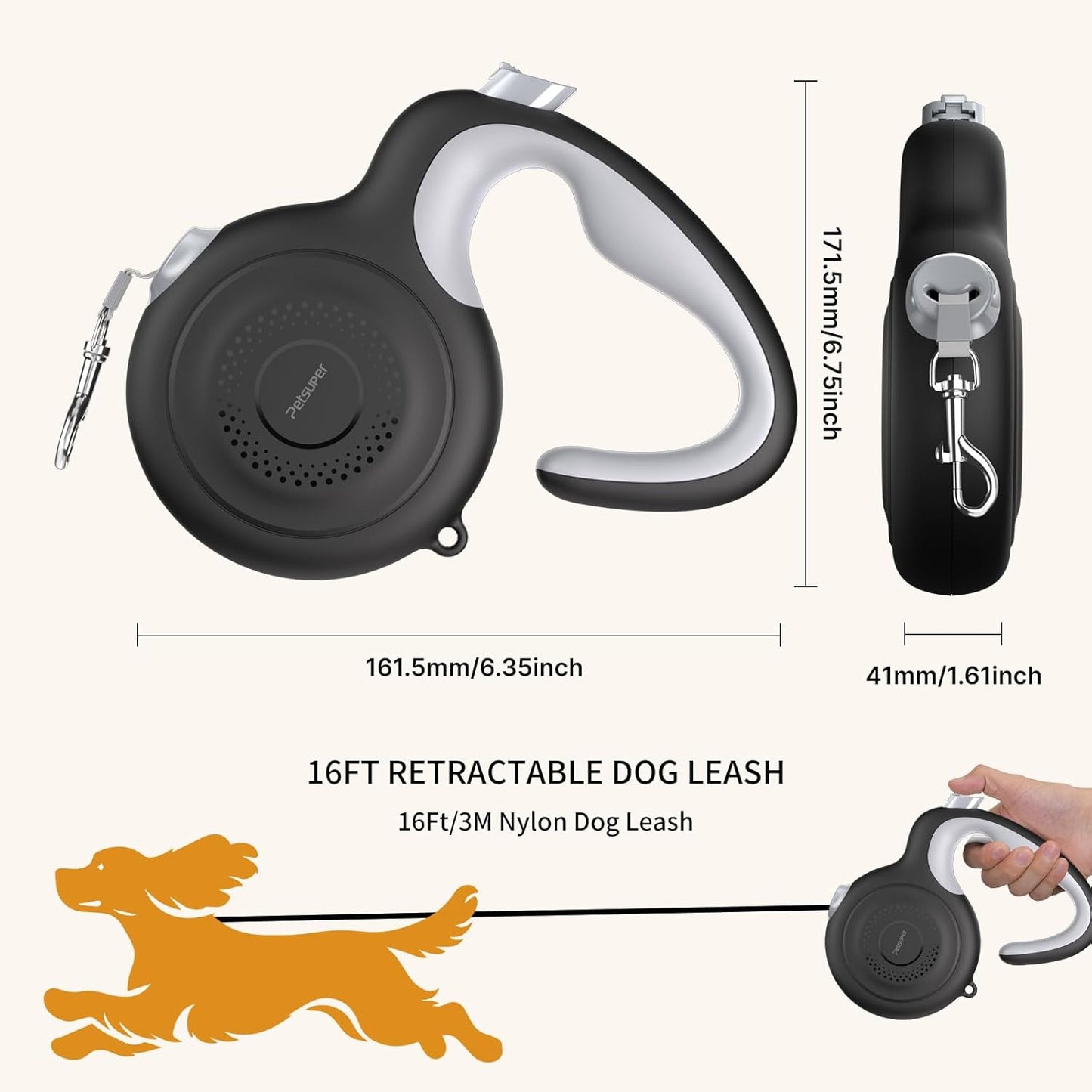 AutoBrake Retractable Dog Leash for Medium and Large Dogs, 360° Tangle-Free Dog Leash and 16Ft Strong Nylon Tape, Ergonomically Comfortable and Lightweight Grip Handle (Black)