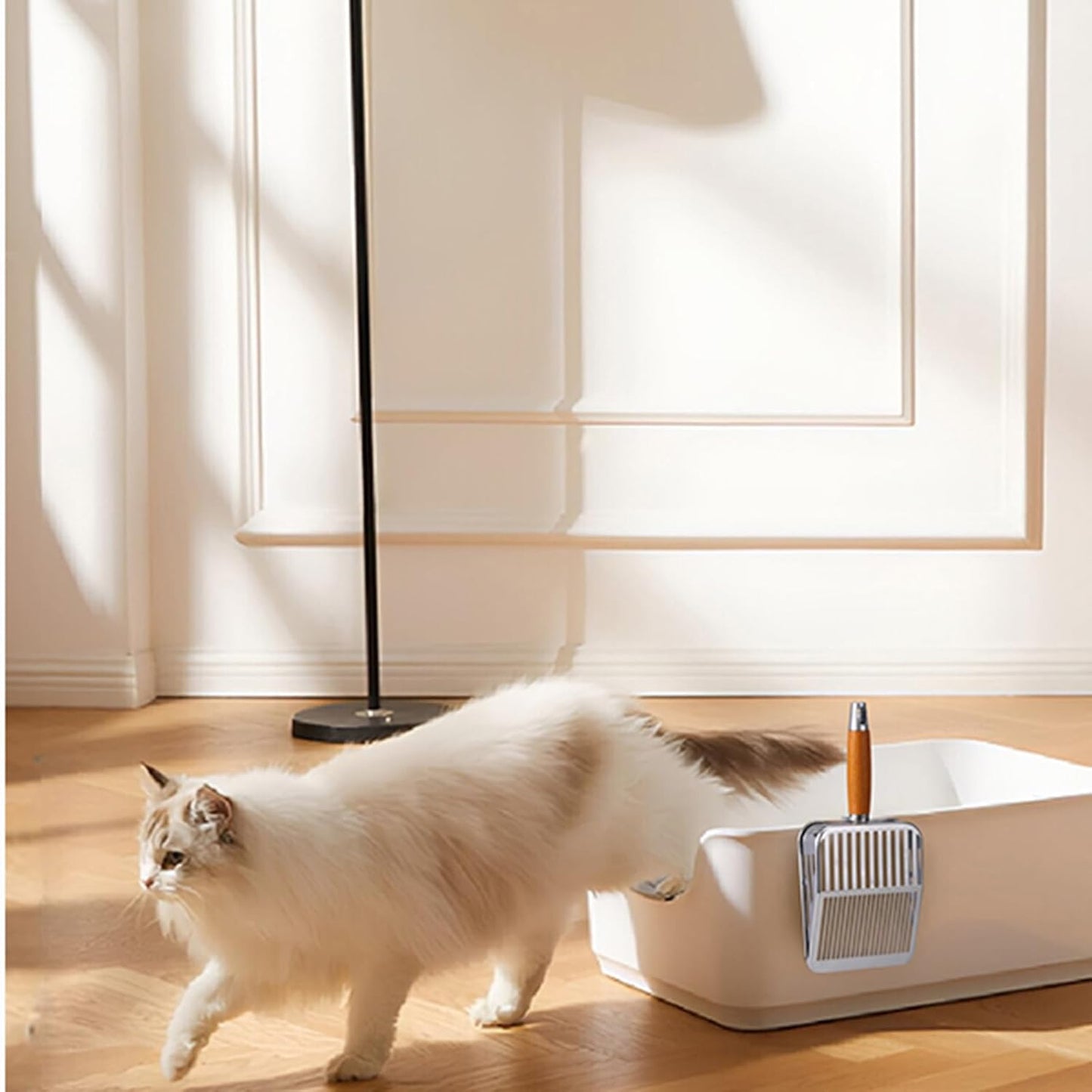 304 Stainless Steel Cat Litter Scoop with Holder Stand, One-Piece Pressed Design with No Weld Spots, Durable Anti-Break Handle, Dual Slot Sizes, Easy to Clean, Filters Small Litter Clumps