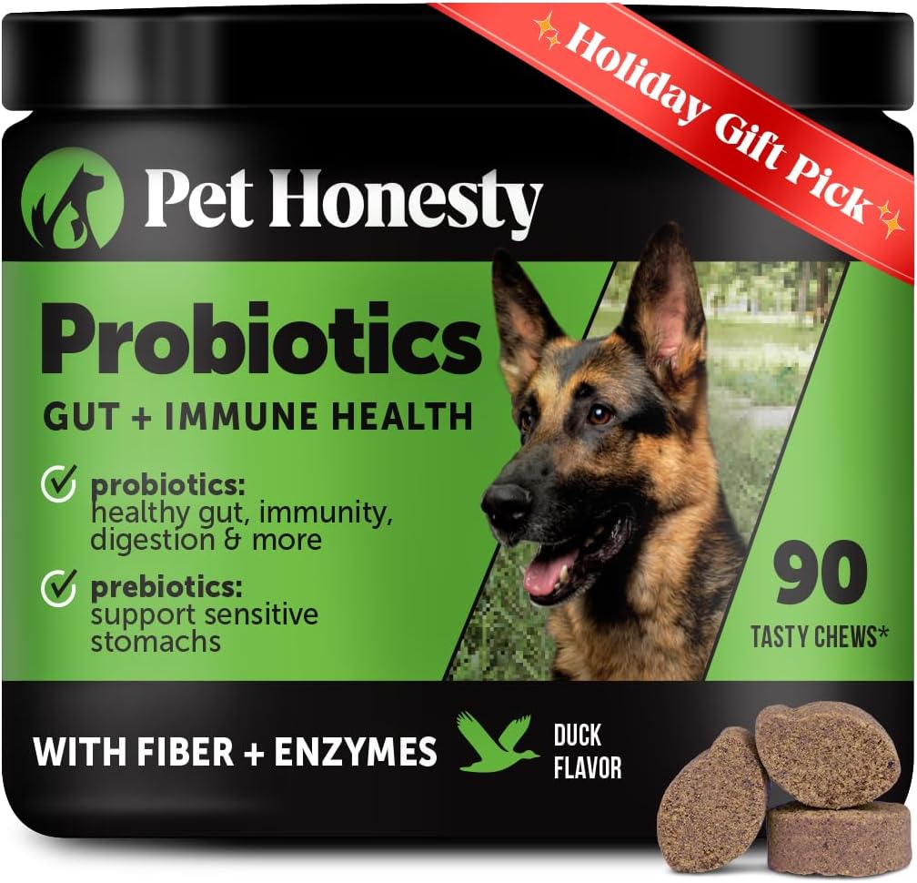 Pet Honesty Probiotics for Dogs - Digestive Enzymes Promotes Gut Health, Dog Probiotics for Bowel Support, Fiber for Regularity, Prebiotics for Immune Health & Gut Flora (Duck, 90 ct)