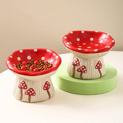 Ceramic Cat Slow Feeder, Cute Mushroom Shape Elevated Food Bowl, Shallow Raised Cat Dish, Anti Vomiting Whisker Fatigue Bowls