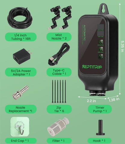 Reptile Mister System with Timer, Reptile Humidifiers Automatic, 360°Adjustable Misting Nozzles, DIY Misting System for Amphibians, and Rainforest Plants