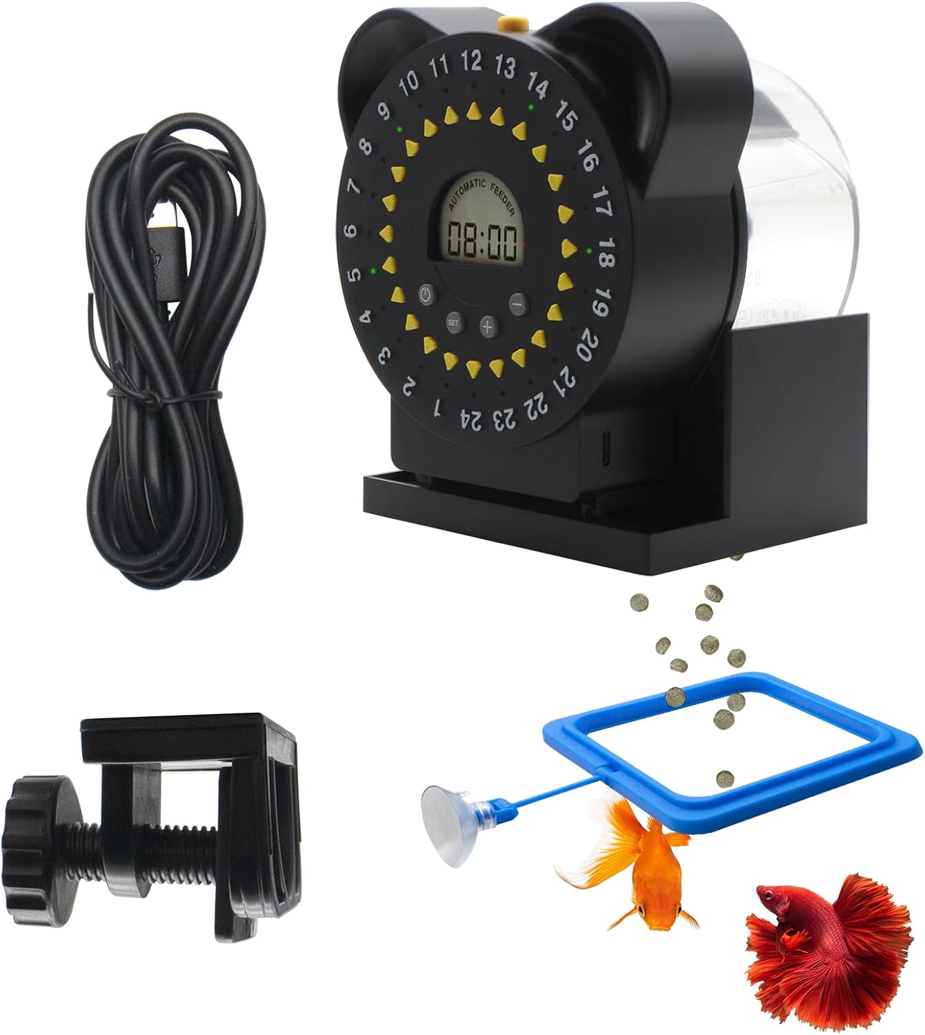 Fish Feeders for Aquariums LCD Display,Automatic Feeder USB,Up to 24 Feedings A Day, with Food Containers 280 ML Capacity, Fish Feeding Ring, Suitable for Vacation Weekend Day