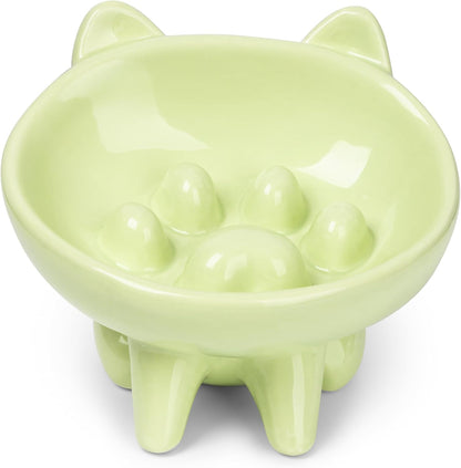 Ceramic Slow Feeder Bowl, Elevated Slow Feeder, Wide-Mouth, PAW Design, Stylish Design, for Fast Eaters, Non Slip, Dogs, Cats, Pets, Small & Medium Sized Breeds, (Green)