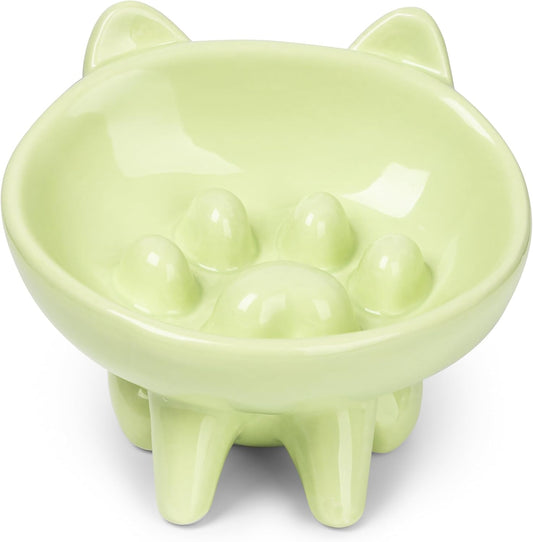 Ceramic Slow Feeder Bowl, Elevated Slow Feeder, Wide-Mouth, PAW Design, Stylish Design, for Fast Eaters, Non Slip, Dogs, Cats, Pets, Small & Medium Sized Breeds, (Green)