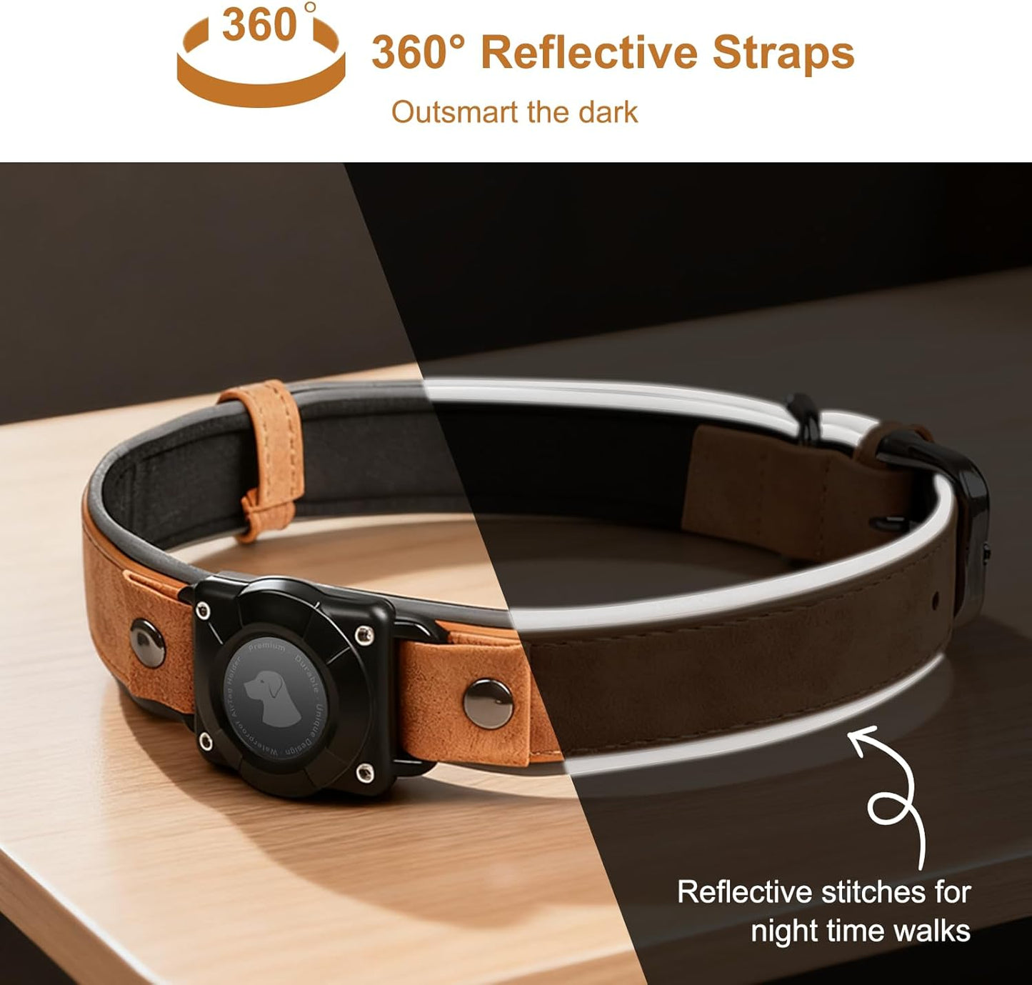 Leather AirTag Dog Collar - IPX8 Waterproof Dog Collar with AirTag Holder|Reflective, High - End, Adjustable Soft Padded |Dog GPS Collar Tracker Fit for Medium Large Dogs (Light Brown, L)