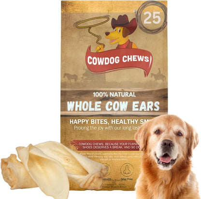 Cowdog Chews Premium Cow Ears for Dogs (25 Pack) – 100% Natural, Safe & Digestible, Collagen Rich, Long Lasting Chews for Healthy Teeth