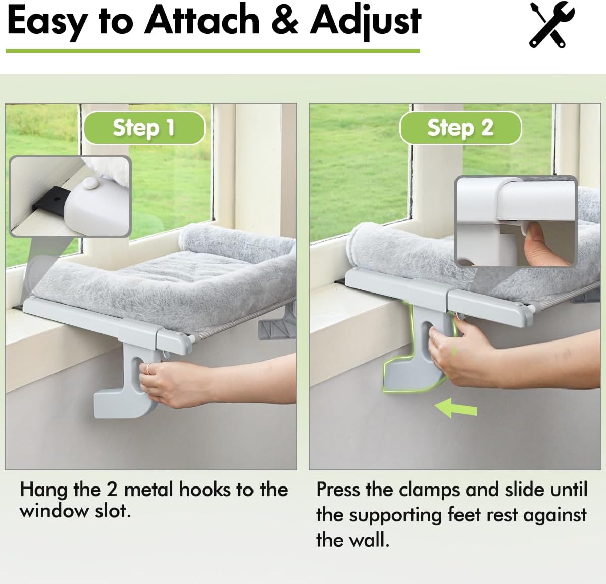 Cat Window Sill Perch with Large Bolster, Easy to Adjust & Assemble Cat Window Seat for Windowsill & Bedside, Pet Hammock Bed for Large Cats and Kittens (Grey, L)