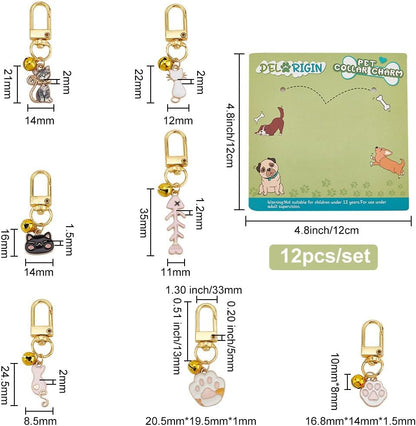 12pcs Cat Dog Collar Bells Charms, Pet Enamel Collar Bells Fishbone Jewelry Charms Cat Paw Alloy Collars Charm Bells for Cats Dogs Rabbit Necklace DIY Keyring Pendants Bag Decor