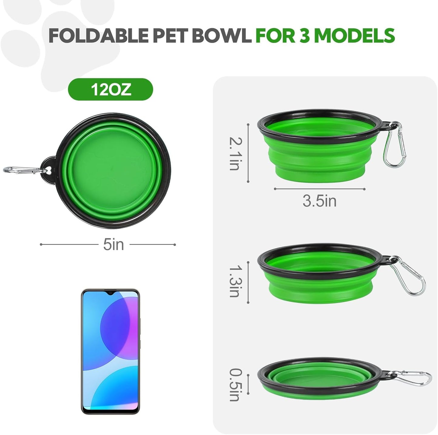 Collapsible Dog Bowl 2 Pack, Dog Water Bowls for Travels, Portable Foldable Pet Bowls Feeding Watering Dish for Parking Walking Camping with 2 Carabiners Clip (12oz, Small, Green+Purple)