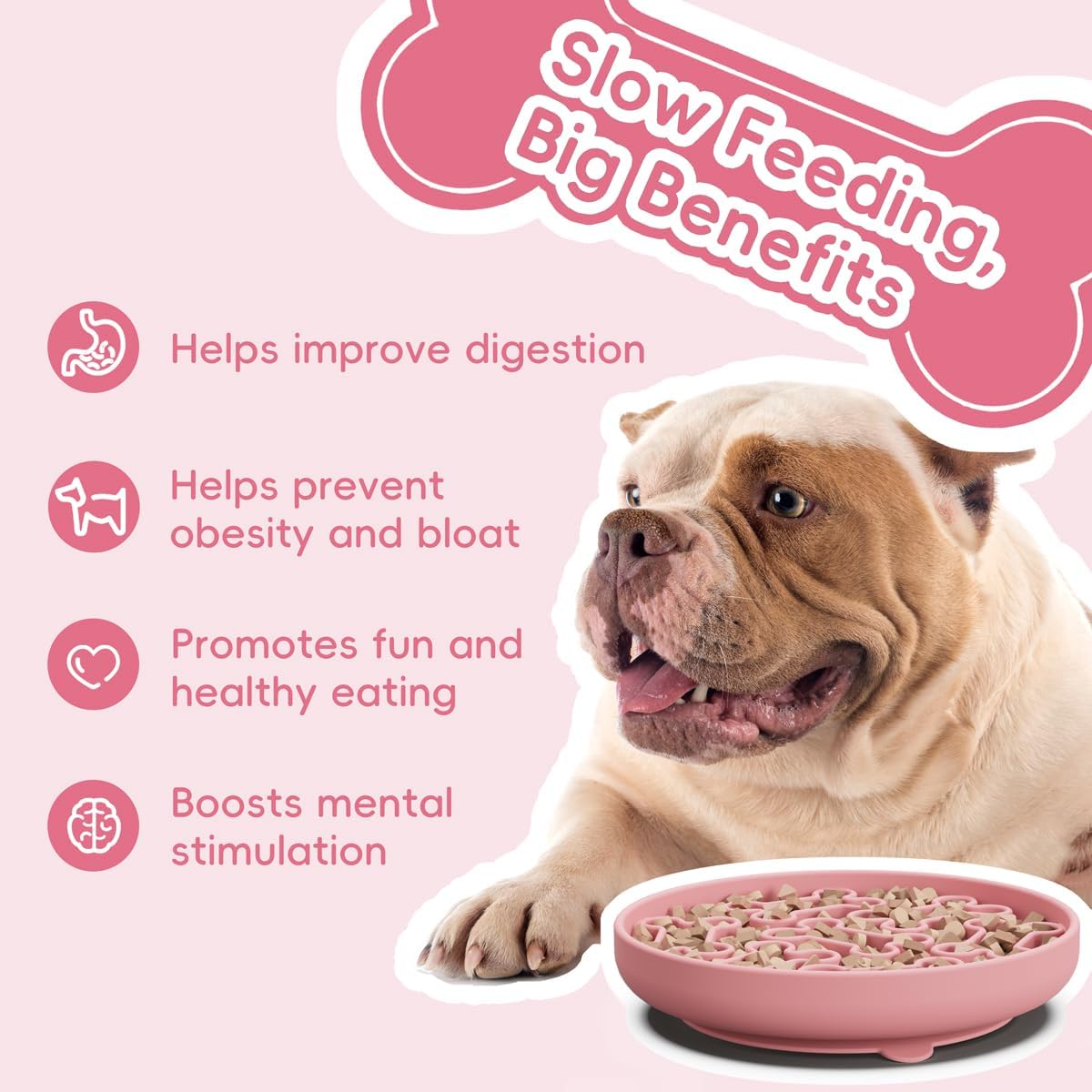 Silicone Slow Feeder Dog Bowl – Pink Bone Pattern | Food-Grade Non-Slip Dog Dish for Anti-Bloat, Fast Eating Prevention, 7.5” x 1.5”, Dishwasher Safe