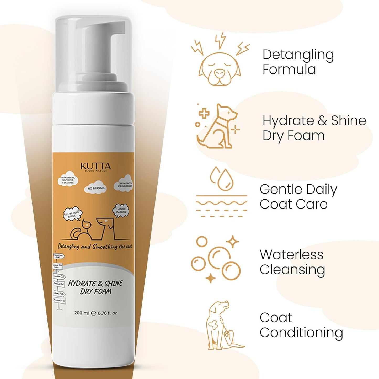 Kutta Hydrate & Shine Dry Foam - Natural Silk Protein Waterless Bath Foam for Dogs and Cats, Gentle Daily Coat Care with Lavender Oil, Detangling Formula 200ml/6.7 oz