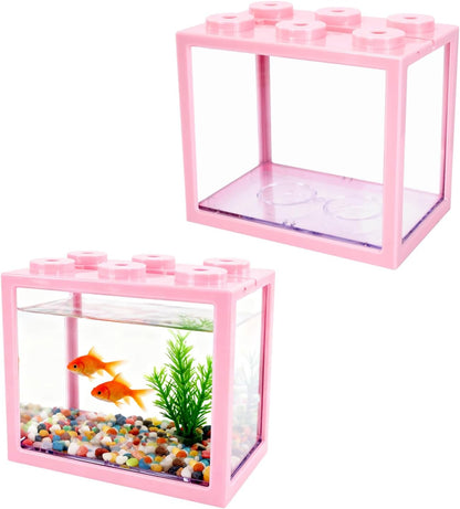 JIABEIUS 2 PCS Small Betta Fish Tank, 0.6 Gallon Mini Aquarium Tank, Pink Cube Fish Bowl, Desktop Stackable Tank for Small Fish, Insect, Shrimp, Turtle, Spider