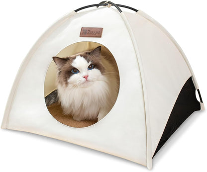 All-Season Cat Tent for Indoor/Outdoor, Assembly-Free Waterproof Cat House Bed with Removable Cushion, Cozy Cave for Cats & Small Dogs (Small, White)