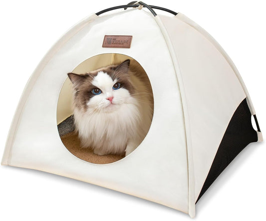 All-Season Cat Tent for Indoor/Outdoor, Assembly-Free Waterproof Cat House Bed with Removable Cushion, Cozy Cave for Cats & Small Dogs (Small, White)