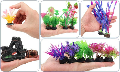 15 Pcs Aquarium Artificial Plastic Plants Decorations and Resin Barrel and Coral Rock Cave Set, Fish Tank Accessories Hideout Ornaments Aquarium Decor Set