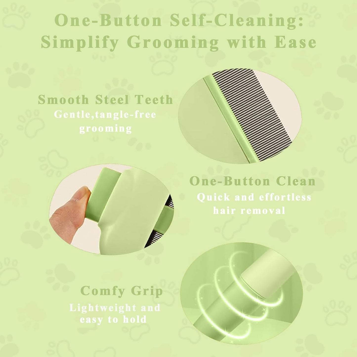 TerraKin 2-Pack Flea Comb for Dogs & Cats, One-Click Self-Cleaning Pet Grooming with Release Button, Long & Short Stainless Steel Teeth for Deshedding, Removing Fleas & Massaging,Green