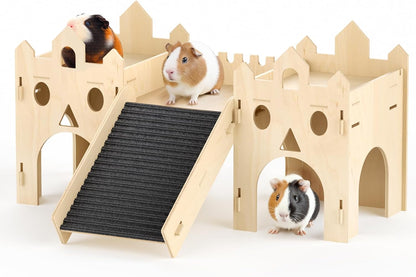 Guinea Pig Hideout House, Advanced Wooden Hamster Hideout with Climbing Ladder & Rest Zone, Bunny Castle Tower Toy for Guinea Pig Chinchilla Gerbil Hedgehog Small Animal House Habitat Hut