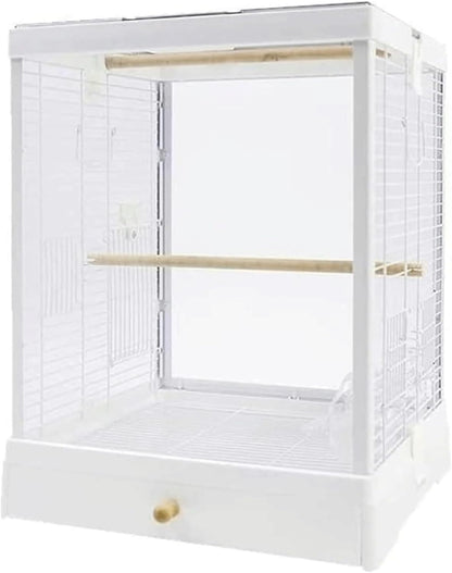 Bird Cage Clear Acrylic Bird Aviary Portable Tall Tiel Cage Parrot Cage Flight Birdcag Bird Carrier with Wooden Stand Travel Cage(White)