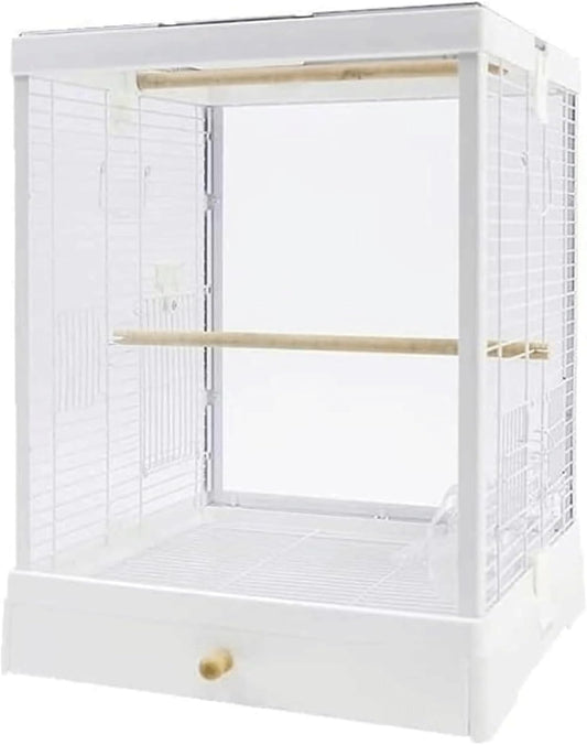Bird Cage Clear Acrylic Bird Aviary Portable Tall Tiel Cage Parrot Cage Flight Birdcag Bird Carrier with Wooden Stand Travel Cage(White)